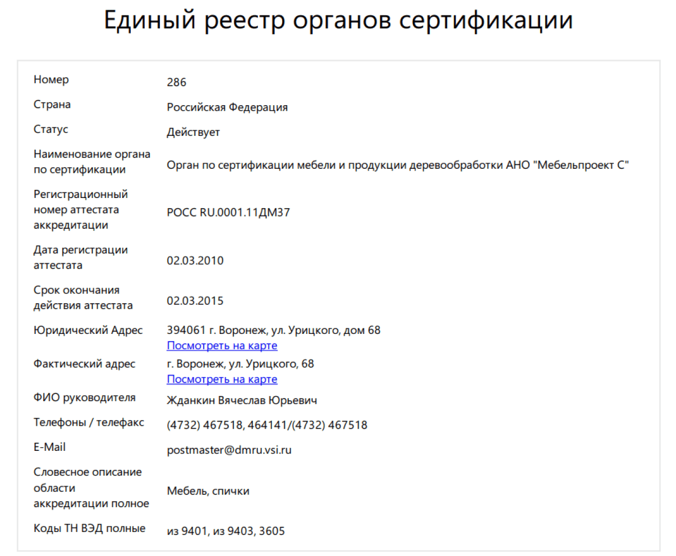 Пример данных об аккредитованном центре сертификации на сайте реестра
