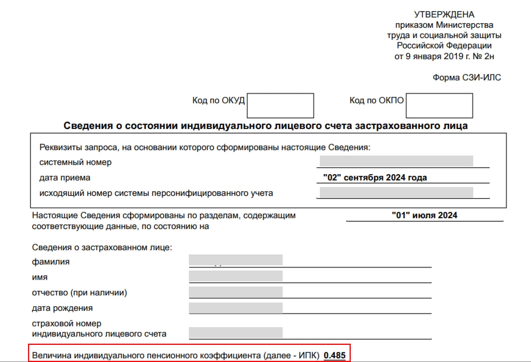 Пример выписки из лицевого счёта в СФР