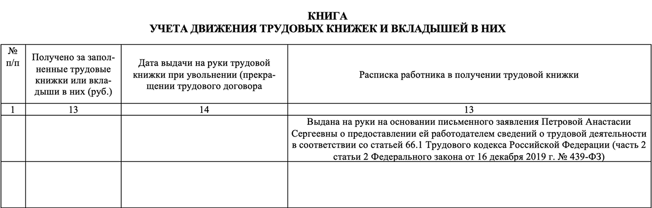Записи в книге учёта трудовых книжек при переходе на ЭТК