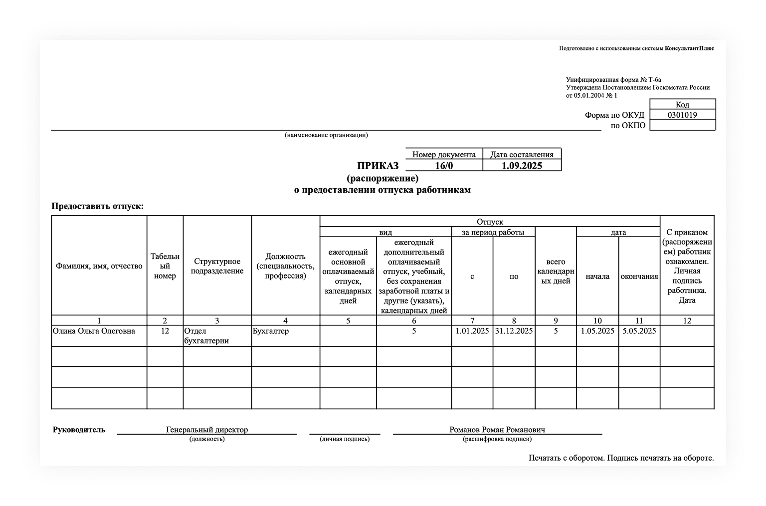 Пример приказа о предоставлении отпуска