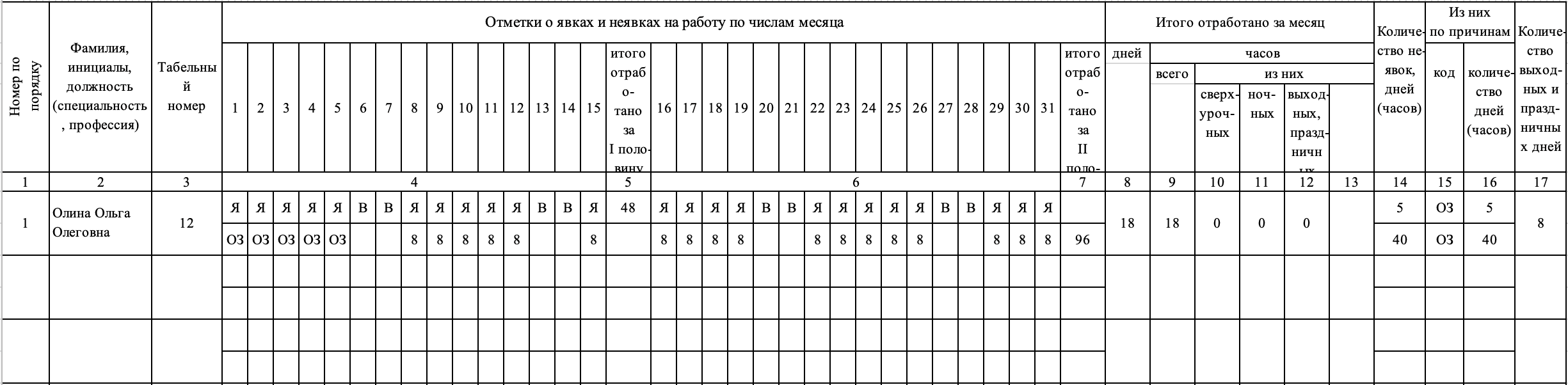 Пример отражения отпуска в табеле