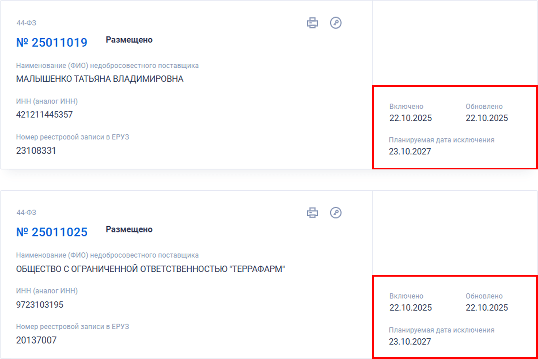 Актуальная и предполагаемая дата исключения из реестра РНП