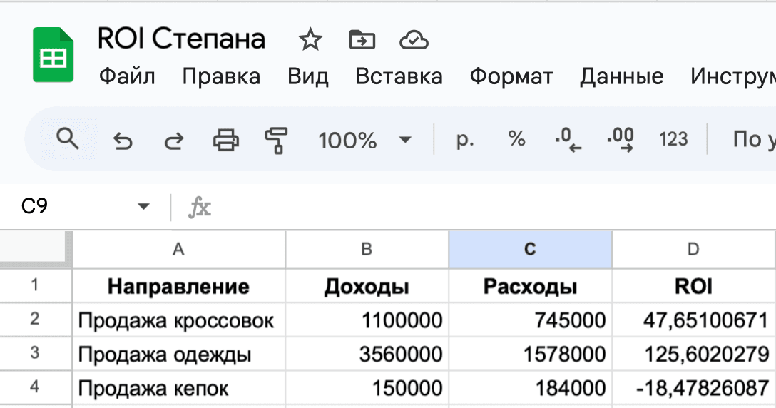 Таблица для расчёта ROI