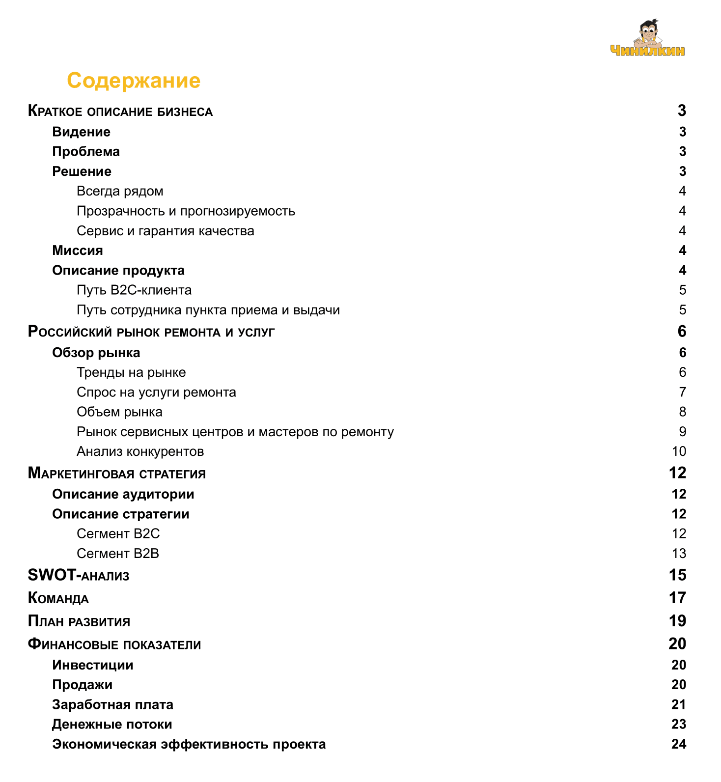 Содержание бизнес-плана