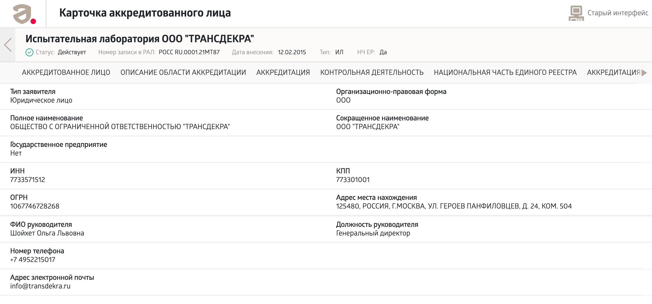 Карточка испытательной лаборатории