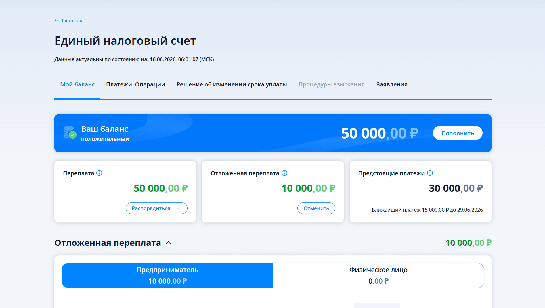 Детализация остатка ЕНС в ЛК ИП