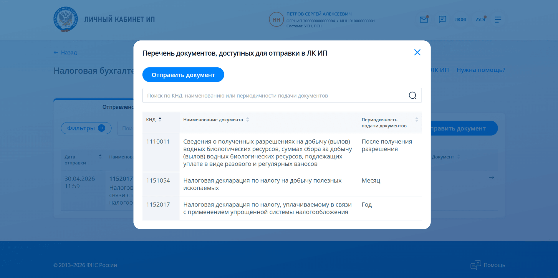 Список отчётов, которые можно сдавать