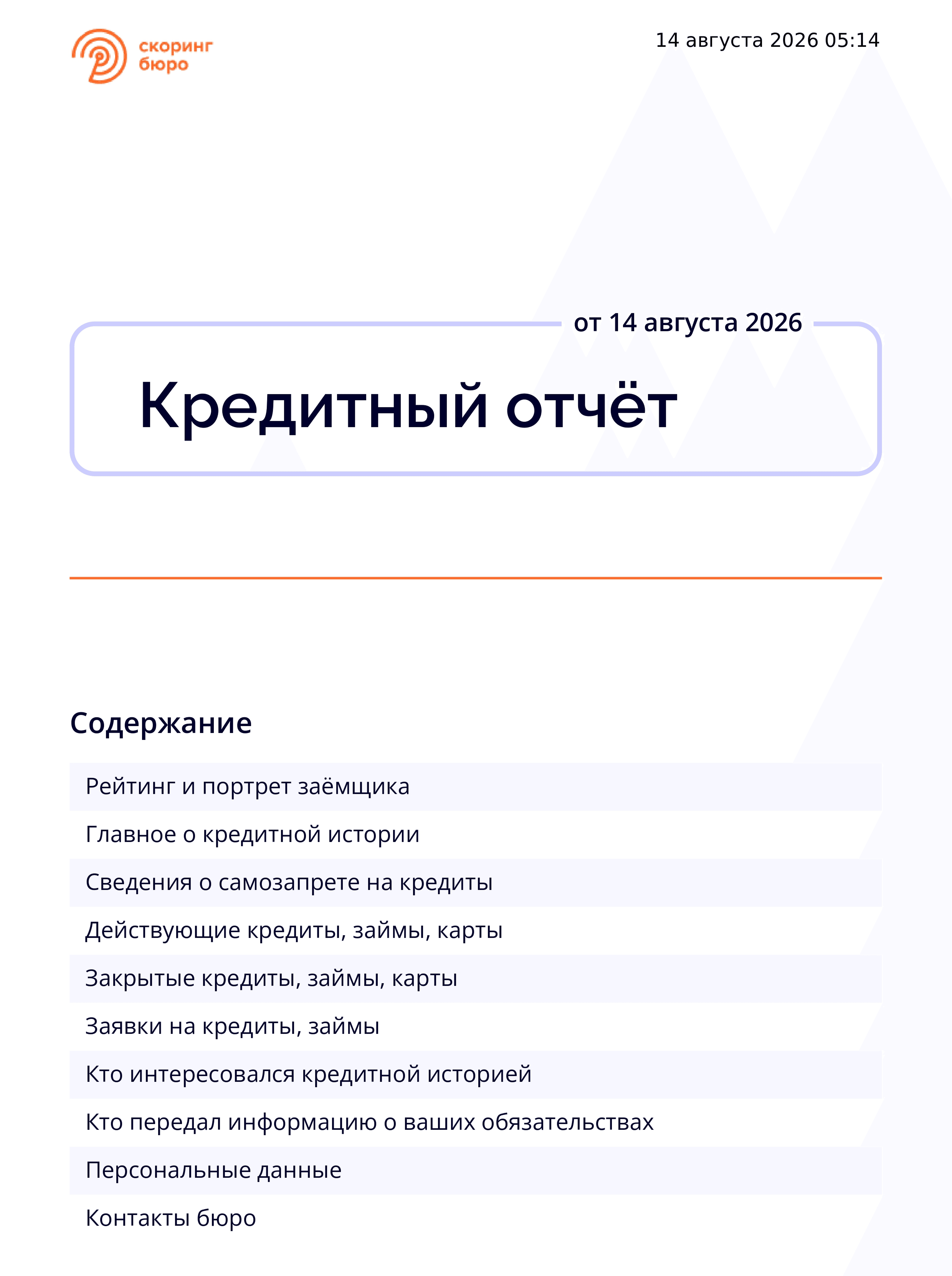 Оглавление отчёта о кредитной истории от БКИ «Скоринг Бюро»