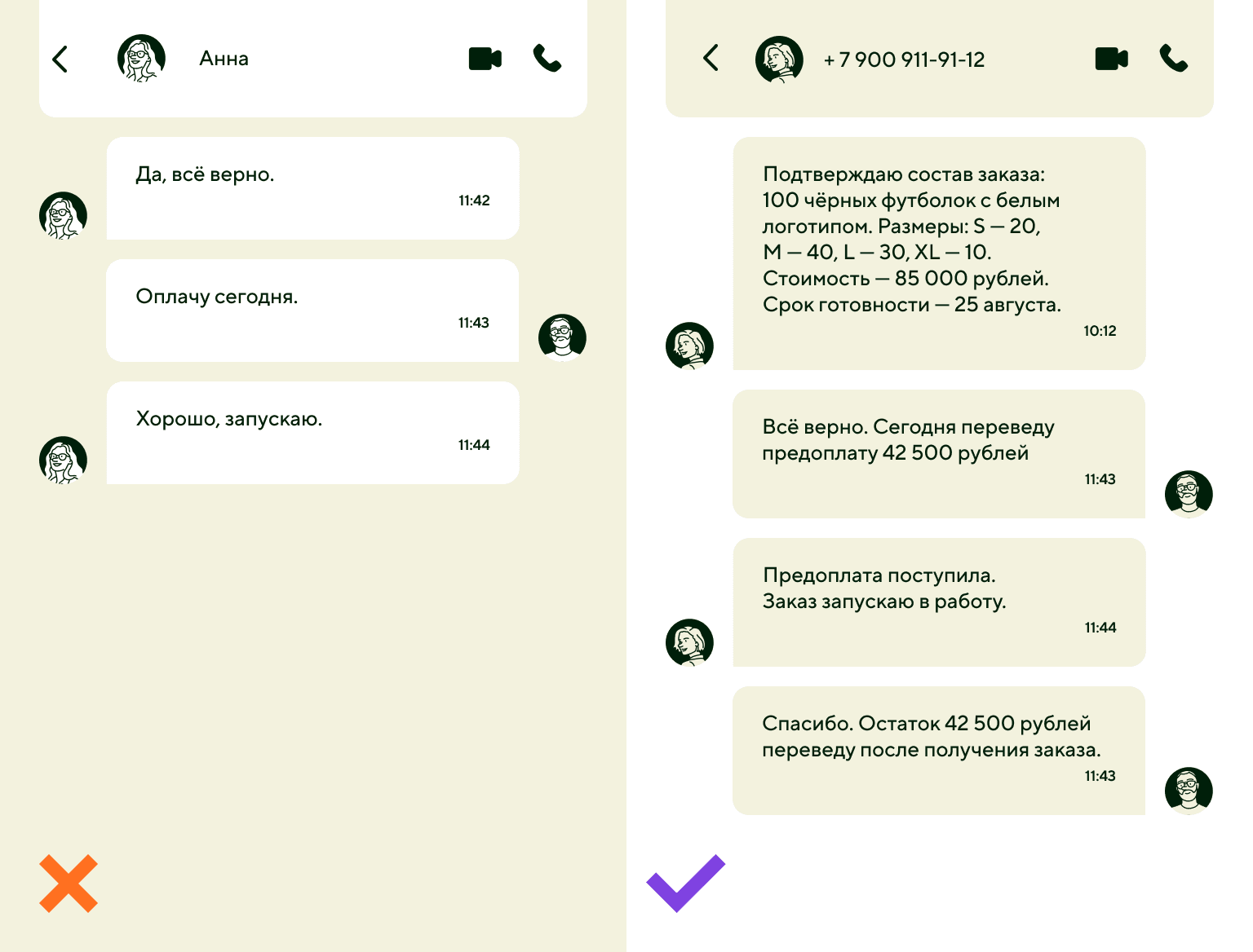 Пример подходящей и неподходящей переписки
