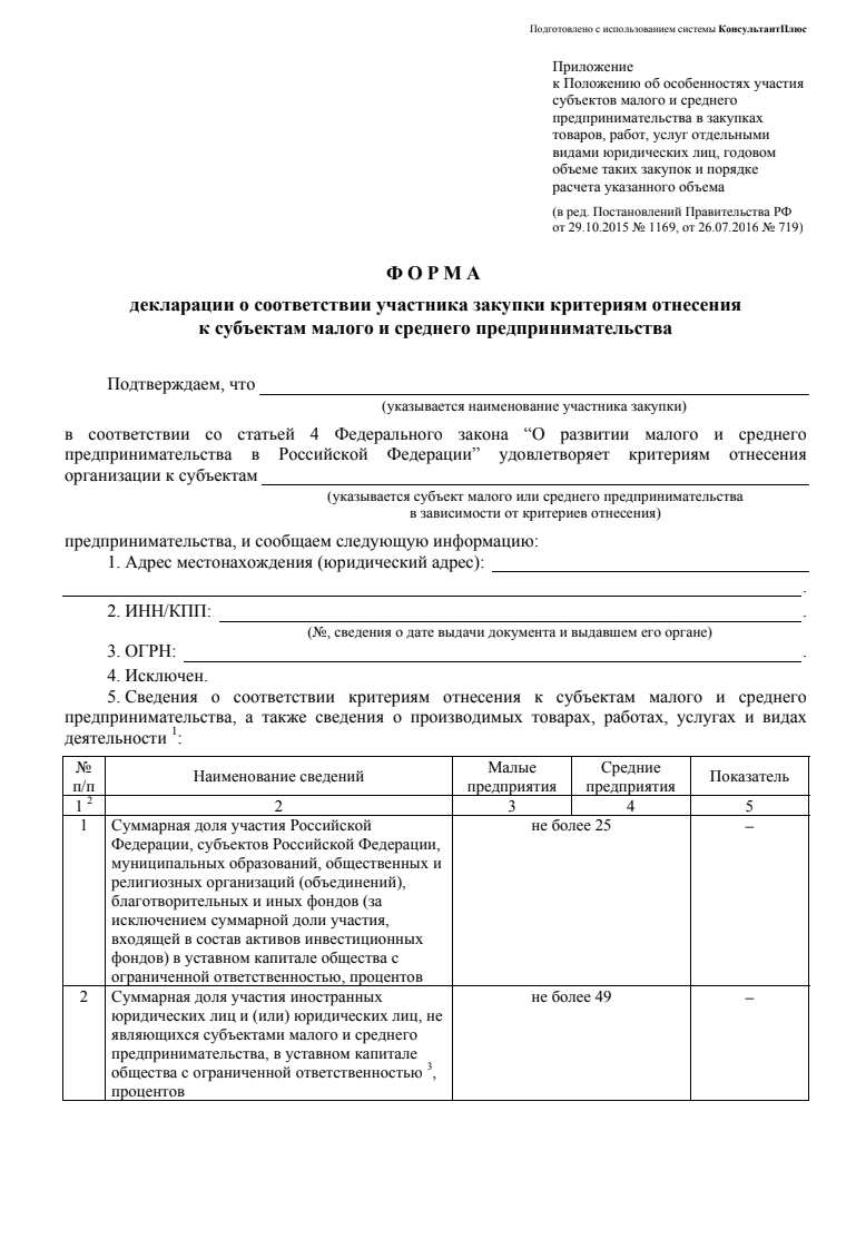 Декларация о соответствии участника закупки к МСП образец