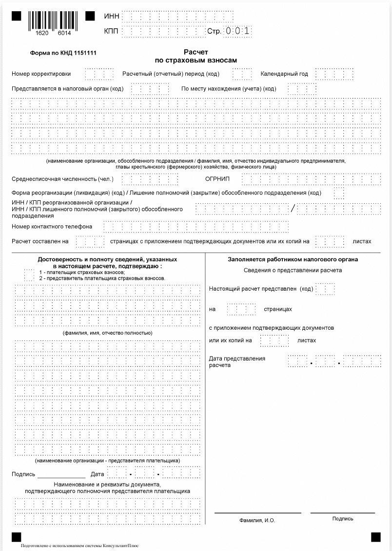 Бланк расчёта по страховым взносам (КНД 1151111) за 2024 год образец