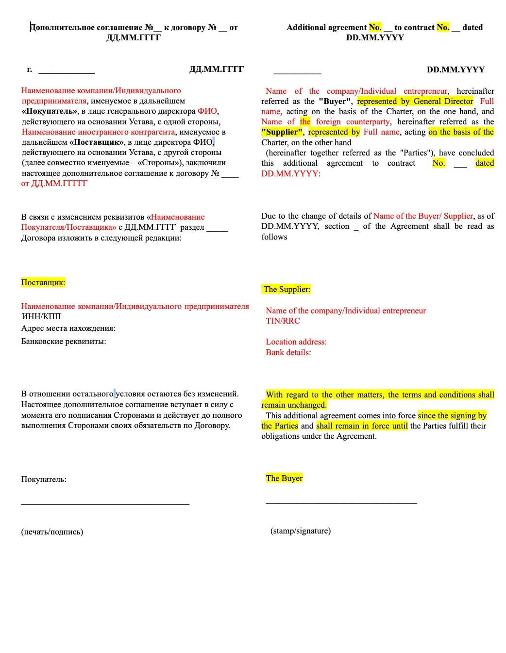 Дополнительное соглашение на смену банковских реквизитов образец
