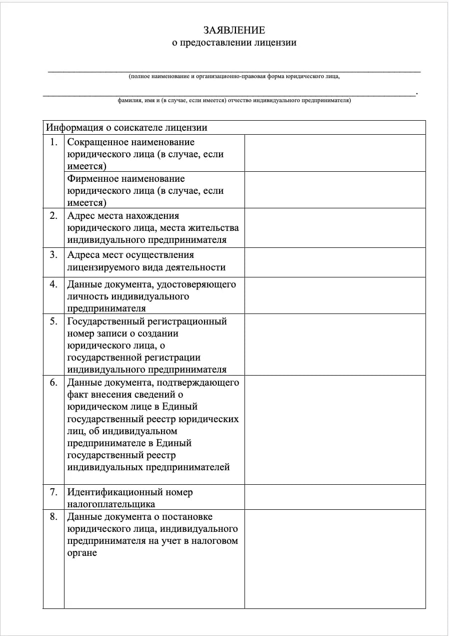 Шаблон заявления о предоставлении лицензии образец