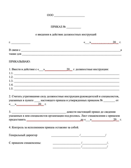 Бланк приказа об утверждении должностной инструкции