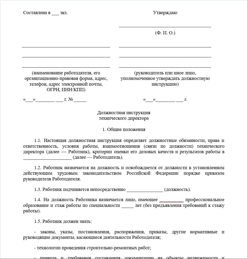 Должностная инструкция технического директора: бланк образец