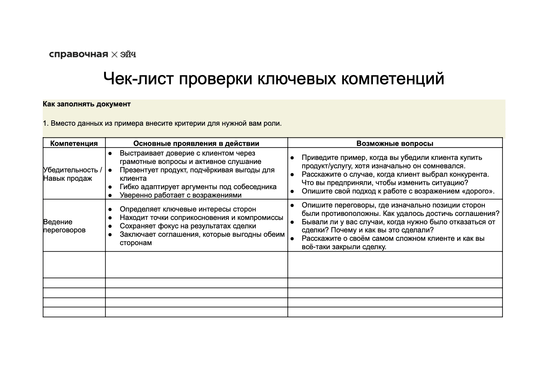 Чек-лист проверки ключевых компетенций кандидата образец