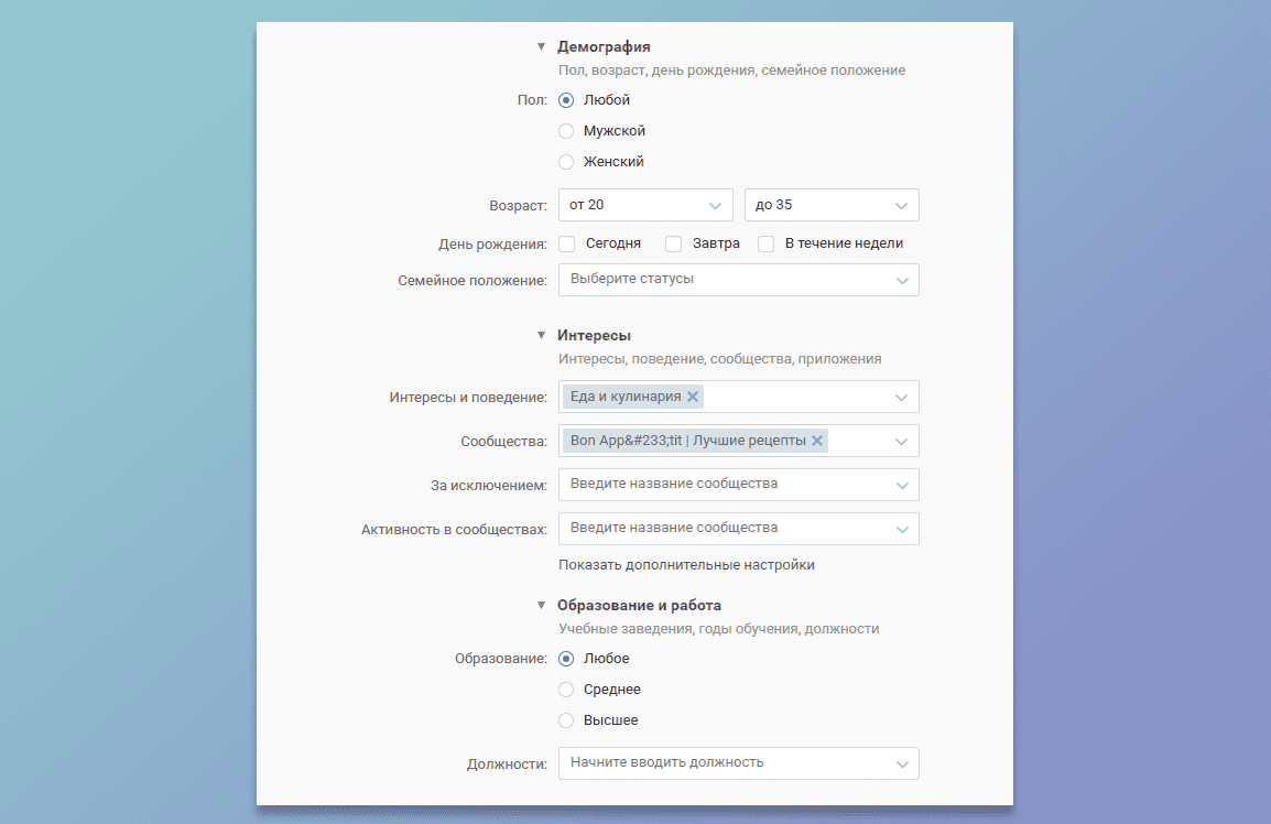 Пример настройки ЦА в ВКонтакте